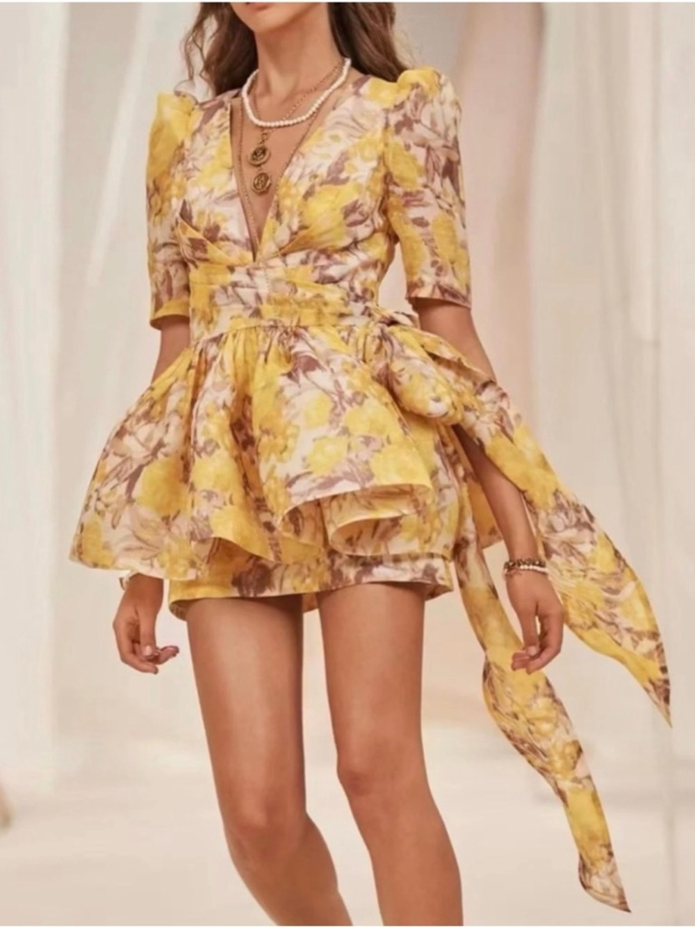 Yellow Floral V-Neck Puff Sleeve Mini Dress- Lookalike Zimmerman design dress - Picture 2 of 9